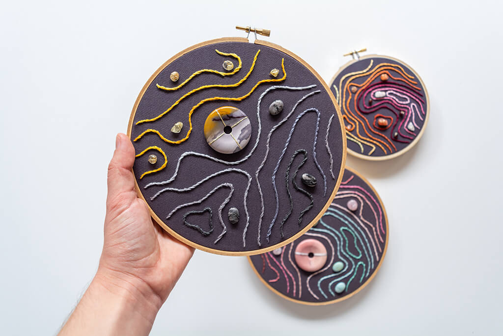 Contour artwork with Mookaite, Rutile Quartz & Jasper | CRYSTAL embroidery Co. Perth WA